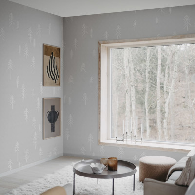 Tapet cu design minimalist, cu copaci albi pe un fundal gri deschis.