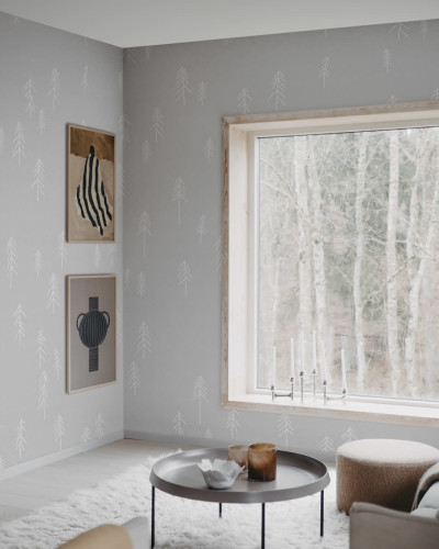 Tapet cu design minimalist, cu copaci albi pe un fundal gri deschis.