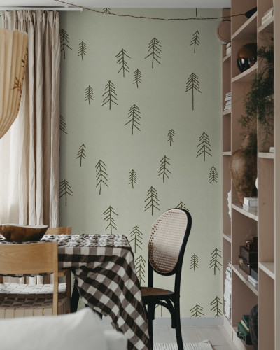 Tapet cu design minimalist de brazi in nuante de verde deschis