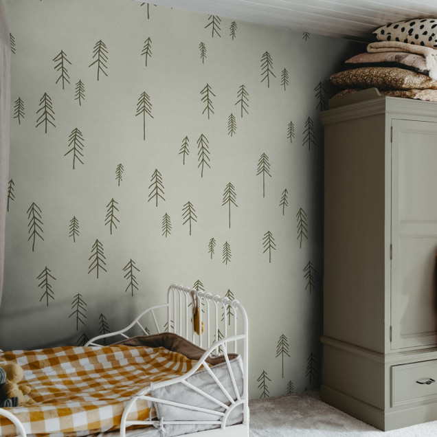 Tapet cu design minimalist de brazi in nuante de verde deschis