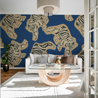 Tapet cu tigri abstract, culori albastru si bej, design modern.
