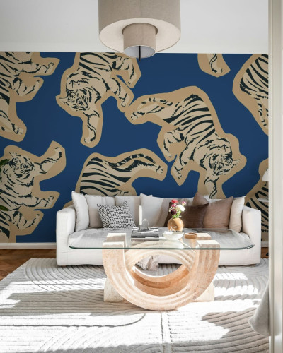 Tapet cu tigri abstract, culori albastru si bej, design modern.