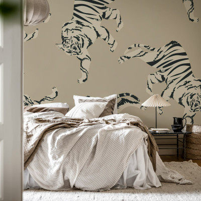 Tapet Quirky Tigers, Beige - Tigri eleganți, design minimalist, fundal bej