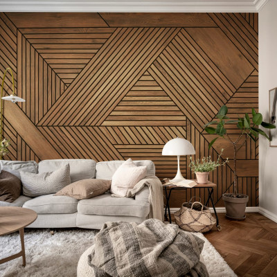 Tapet modern cu aspect de lemn, design geometric abstract.