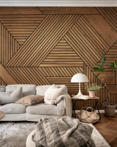 Tapet modern cu aspect de lemn, design geometric abstract.