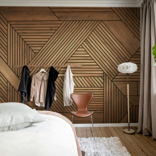 Tapet modern cu aspect de lemn, design geometric abstract.