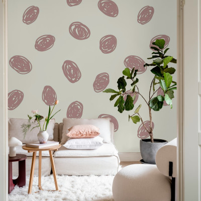 Tapet cu model geometric Doodle Dots, Pink, cu cercuri roz pe un fundal verde deschis.