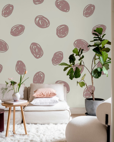 Tapet cu model geometric Doodle Dots, Pink, cu cercuri roz pe un fundal verde deschis.