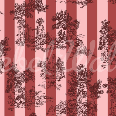 Tapet Happy Toile, Raspberry, cu dungi verticale elegante, în tonuri de roz pal și roșu aprins, ce prezintă o imagine grafică de mici dimensiuni a unui decor elegant, cu flori, copaci și porți.