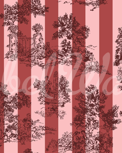 Tapet Happy Toile, Raspberry, cu dungi verticale elegante, în tonuri de roz pal și roșu aprins, ce prezintă o imagine grafică de mici dimensiuni a unui decor elegant, cu flori, copaci și porți.