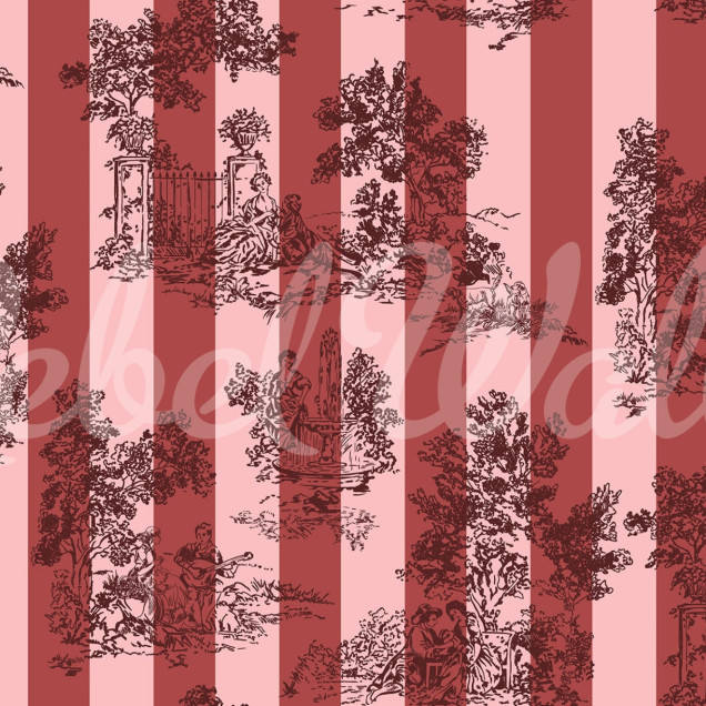 Tapet Happy Toile, Raspberry, cu dungi verticale elegante, în tonuri de roz pal și roșu aprins, ce prezintă o imagine grafică de mici dimensiuni a unui decor elegant, cu flori, copaci și porți.