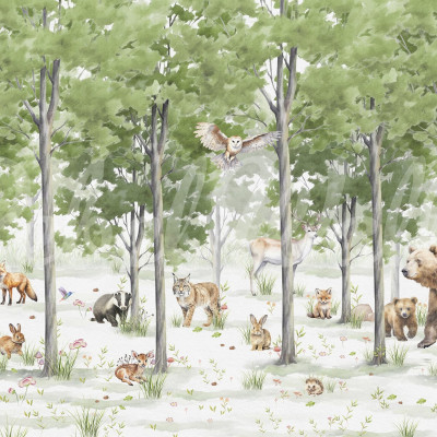 Tapet Friendly Forest, verde, cu detalii romantice și animale drăguțe, perfect pentru camera copiilor.