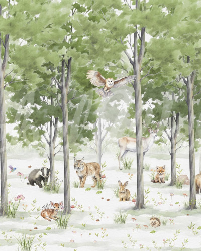 Tapet Friendly Forest, verde, cu detalii romantice și animale drăguțe, perfect pentru camera copiilor.