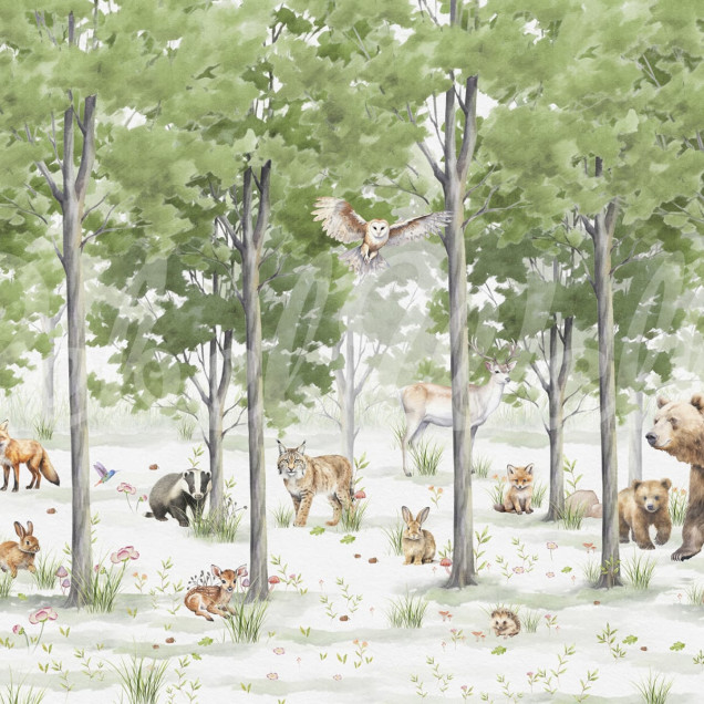 Tapet Friendly Forest, verde, cu detalii romantice și animale drăguțe, perfect pentru camera copiilor.