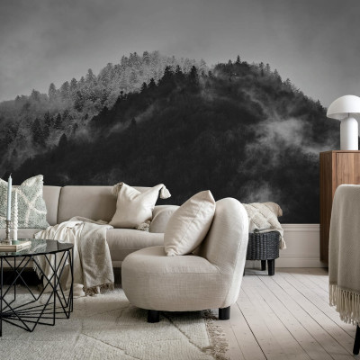 Tapet cu design abstract Foggy Mountain, Black & White, o pădure acoperită de ceață.