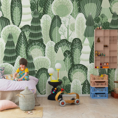 Tapet cu design artistic al copacilor verzi, ideal pentru a crea o atmosferă relaxantă și primitoare.