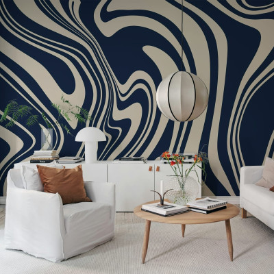 Tapet abstract cu linii curbe în nuanțe de albastru închis și crem, Swirly, Blue