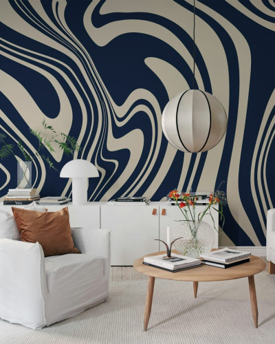 Tapet abstract cu linii curbe în nuanțe de albastru închis și crem, Swirly, Blue