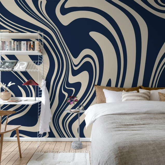 Tapet abstract cu linii curbe în nuanțe de albastru închis și crem, Swirly, Blue