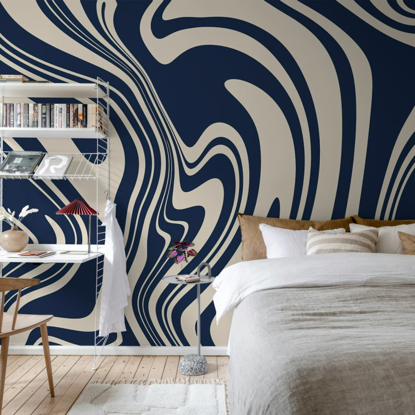 Tapet cu design abstract Swirly, Brown, cu linii curbe ondulate, in nuante de maro si alb