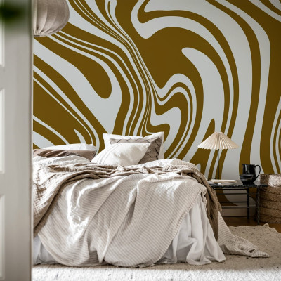 Tapet cu design abstract Swirly, Brown, cu linii curbe ondulate, in nuante de maro si alb
