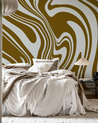 Tapet cu design abstract Swirly, Brown, cu linii curbe ondulate, in nuante de maro si alb
