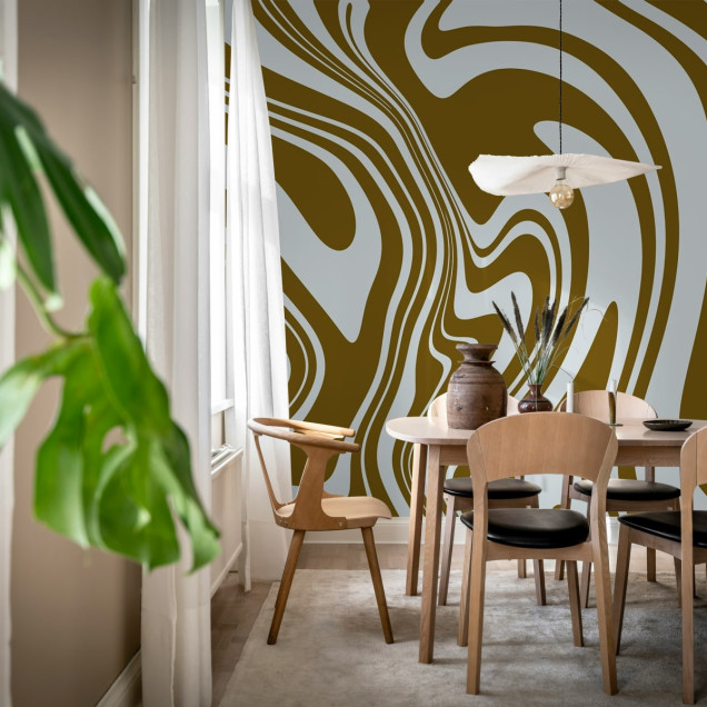 Tapet cu design abstract Swirly, Brown, cu linii curbe ondulate, in nuante de maro si alb