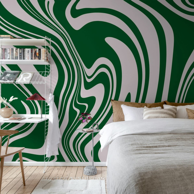 Tapet cu design abstract Swirly, Green cu linii curbe și culori vibrante verde și alb