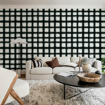 Tapet geometric modern cu pătrate albe pictate cu linii negre groase