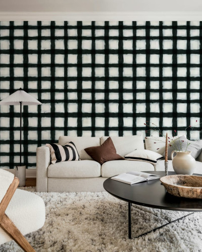 Tapet geometric modern cu pătrate albe pictate cu linii negre groase