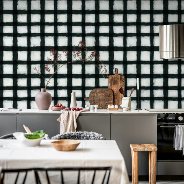 Tapet geometric modern cu pătrate albe pictate cu linii negre groase