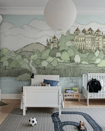 Tapet Castelul de la Lac, Verde Deschis,  cu design unic si culori delicate.