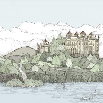 Tapet Castelul de la Lac, Verde Deschis,  cu design unic si culori delicate.