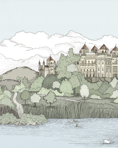 Tapet Castelul de la Lac, Verde Deschis,  cu design unic si culori delicate.