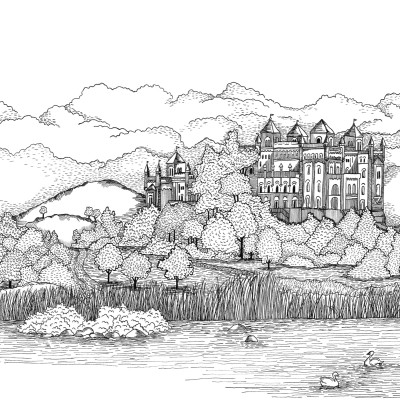 Tapetul Castelul de lângă lac - imagine cu un castel pe malul unui lac, desenat în alb și negru