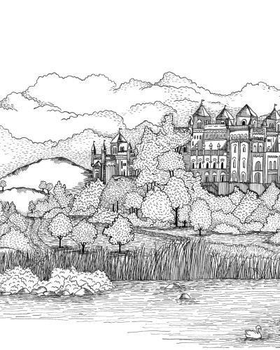 Tapetul Castelul de lângă lac - imagine cu un castel pe malul unui lac, desenat în alb și negru