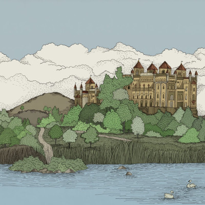 Tapetă Castelul de lângă Lac, Verde