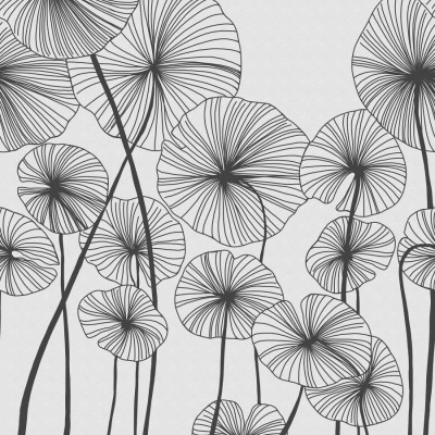 Tapet Waterlily Forest, Black & White, cu flori de nufăr desenate în negru pe un fond alb, aplicat pe un perete din livingul unei case moderne.
