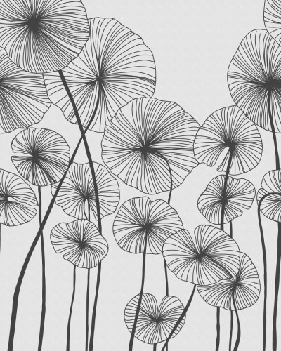 Tapet Waterlily Forest, Black & White, cu flori de nufăr desenate în negru pe un fond alb, aplicat pe un perete din livingul unei case moderne.