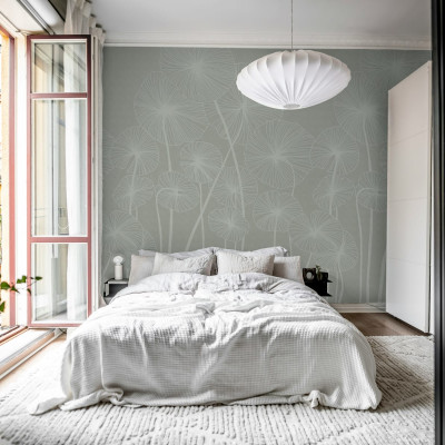 Tapet cu design minimalist cu flori albe pe un fundal bej.