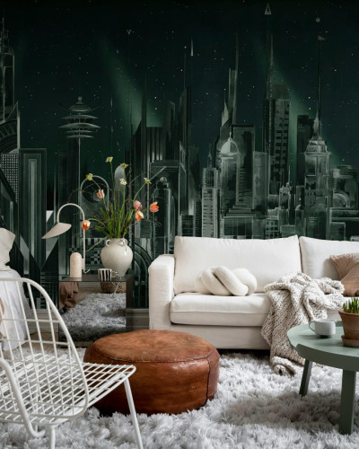 Tapet Sci-Fi Town, Green, cu o imagine minimalistă, care prezintă un oraș futurist cu clădiri înalte și strălucitoare, pe un fundal verde.