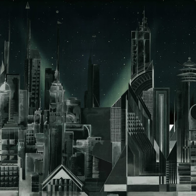Tapet Sci-Fi Town, Green, cu o imagine minimalistă, care prezintă un oraș futurist cu clădiri înalte și strălucitoare, pe un fundal verde.