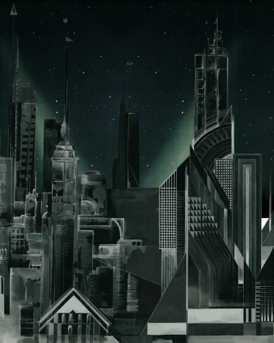 Tapet Sci-Fi Town, Green, cu o imagine minimalistă, care prezintă un oraș futurist cu clădiri înalte și strălucitoare, pe un fundal verde.