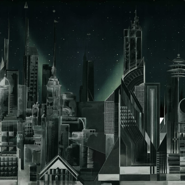 Tapet Sci-Fi Town, Green, cu o imagine minimalistă, care prezintă un oraș futurist cu clădiri înalte și strălucitoare, pe un fundal verde.