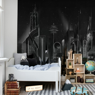 Tapet Sci-Fi Town, Black, cu un design futurist al clădirilor în alb pe un fundal negru.