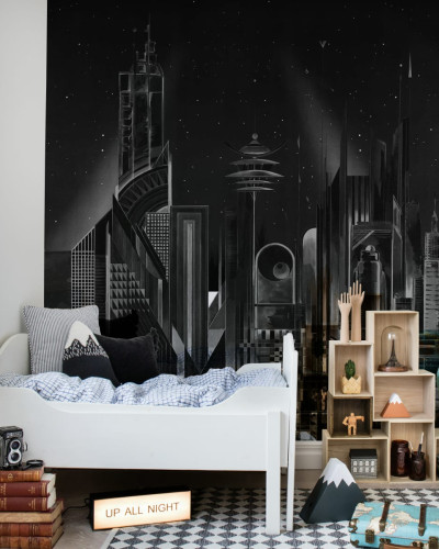Tapet Sci-Fi Town, Black, cu un design futurist al clădirilor în alb pe un fundal negru.