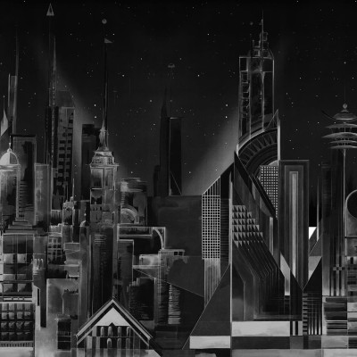 Tapet Sci-Fi Town, Black, cu un design futurist al clădirilor în alb pe un fundal negru.