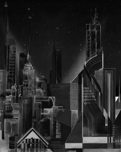 Tapet Sci-Fi Town, Black, cu un design futurist al clădirilor în alb pe un fundal negru.