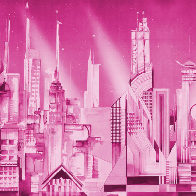 Tapet cu design urban futurist, cu o imagine a unui oraș futurist în roz vibrant, decorat cu o pat de o persoană.