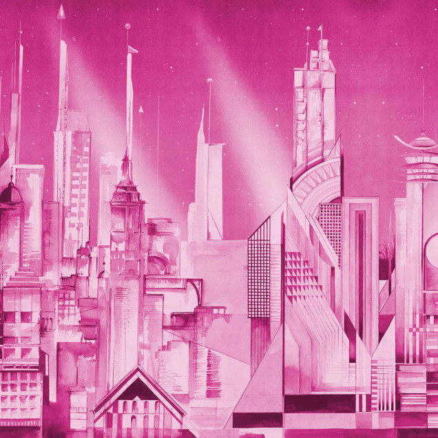 Tapet cu design urban futurist, cu o imagine a unui oraș futurist în roz vibrant, decorat cu o pat de o persoană.